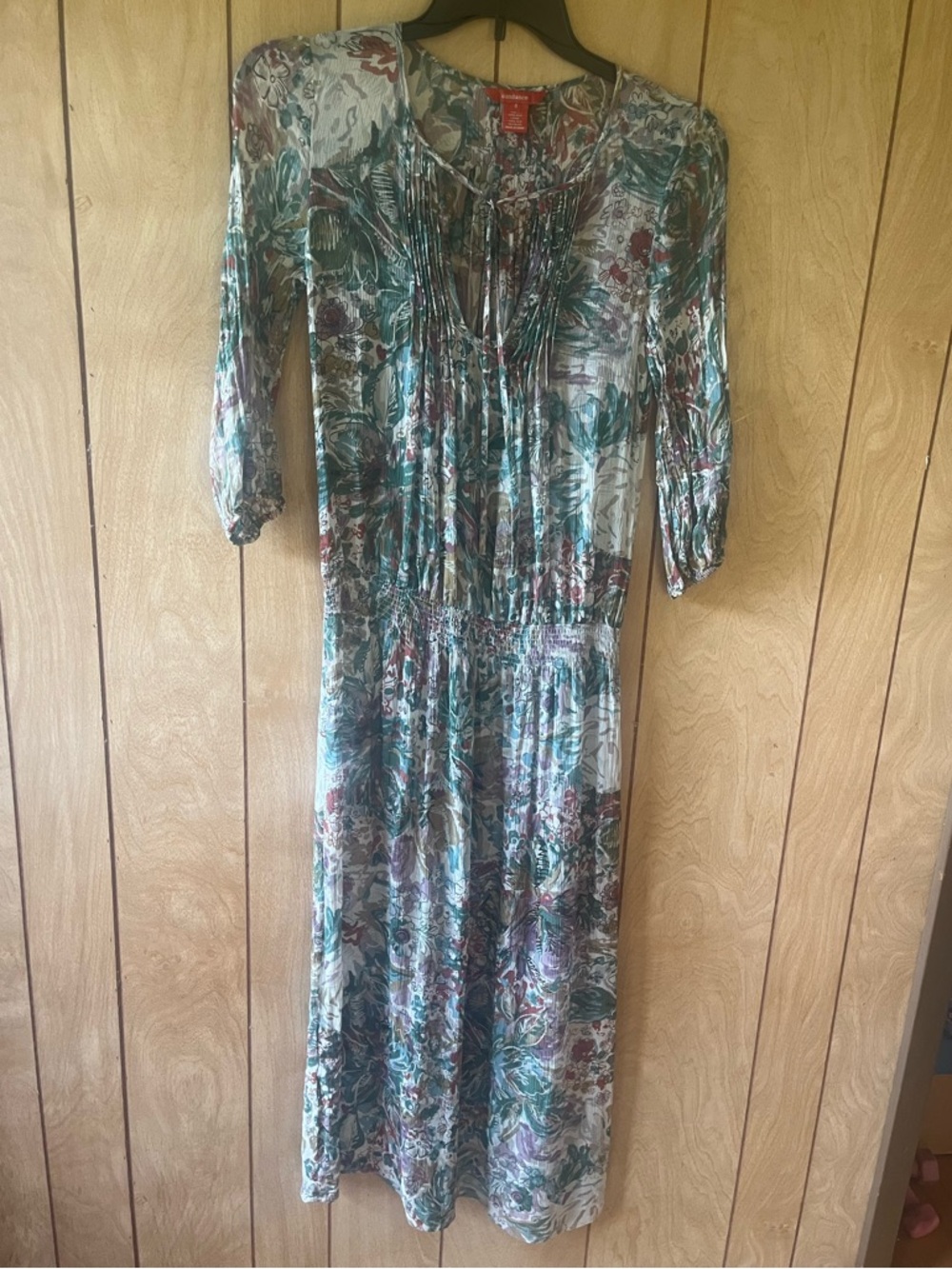 Sundance silk Floral Maxi Dress in Teal, Cream & Mauve semi sheer